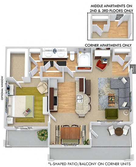 Floor plan for 1 bed, 1 bath, 802 sqft